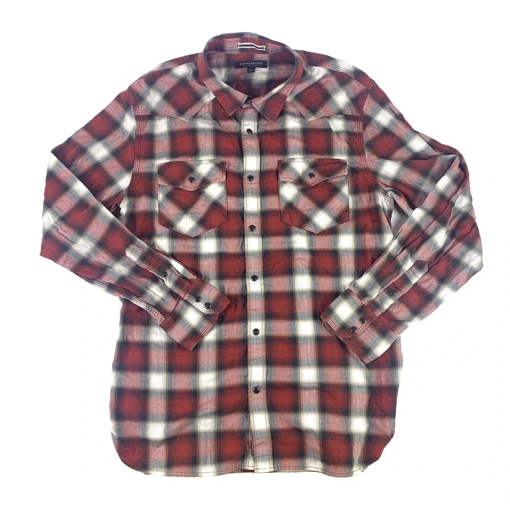 Banana Republic Tailoered Slim Fit Pearl Snap LS Sz L Red Black Plaid Western